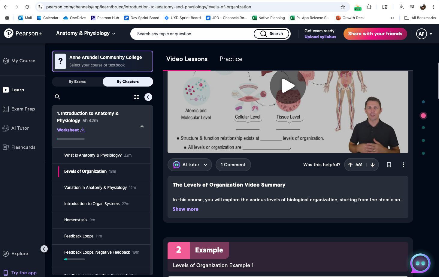 A digital learning platform displaying a video lesson on biological organization levels with illustrative diagrams.