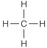 Structural formula of methane (CH4) showing one carbon atom bonded to four hydrogen atoms.