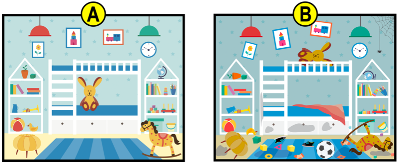 Two illustrated children's rooms labeled A and B, showing varying levels of organization and clutter.