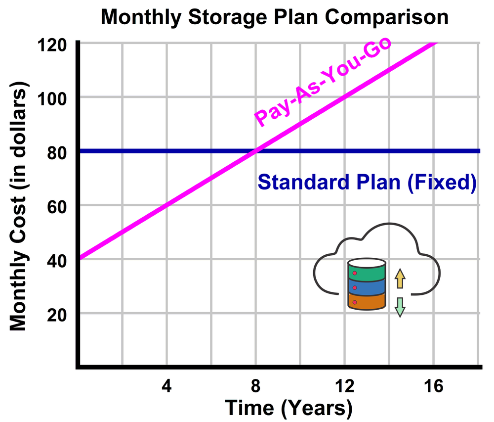 Graph comparing a fixed \$80 monthly cost plan and a pay-as-you-go plan increasing over 10 years to \$80.