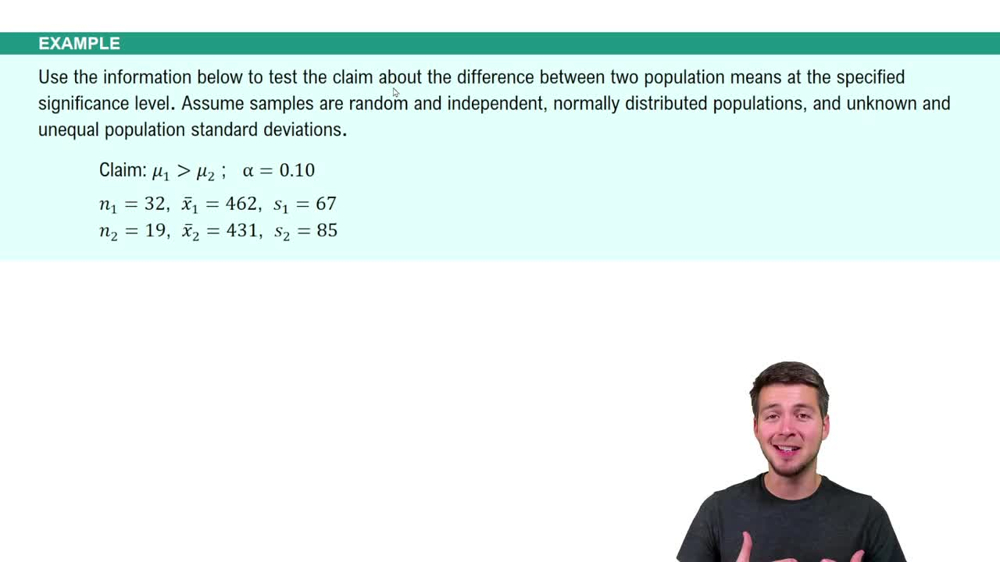 Difference in Means: Hypothesis Tests Example 1