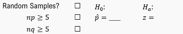 Checklist for hypothesis testing: random samples, null and alternative hypotheses, sample proportion, and z-value calculation.