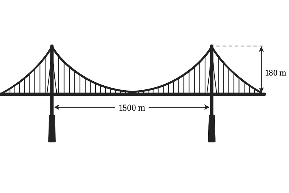 Side view of a suspension bridge with two towers 1500m apart and cables forming a parabolic curve 180m high.