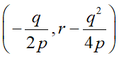 Vertex formula of a parabola with q squared over 4p and q over 2p.