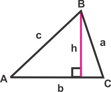 Right triangle ABC with sides labeled a, b, c, and height h, illustrating the Law of Cosine derivation.