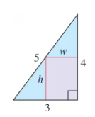 Diagram of a right triangle with an inscribed rectangle, labeled with dimensions 5, 4, 3, w, and h.