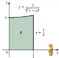 Shaded region bounded by y = 1/4√(1−x²), y=0, x=0, and x=1/2, rotated about the x-axis.