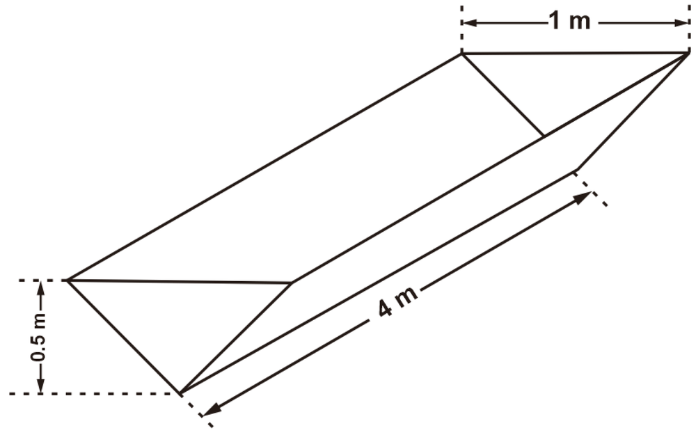 Diagram of a triangular cross-section trench 1 m wide, 0.5 m deep, and 4 m long filled with water.