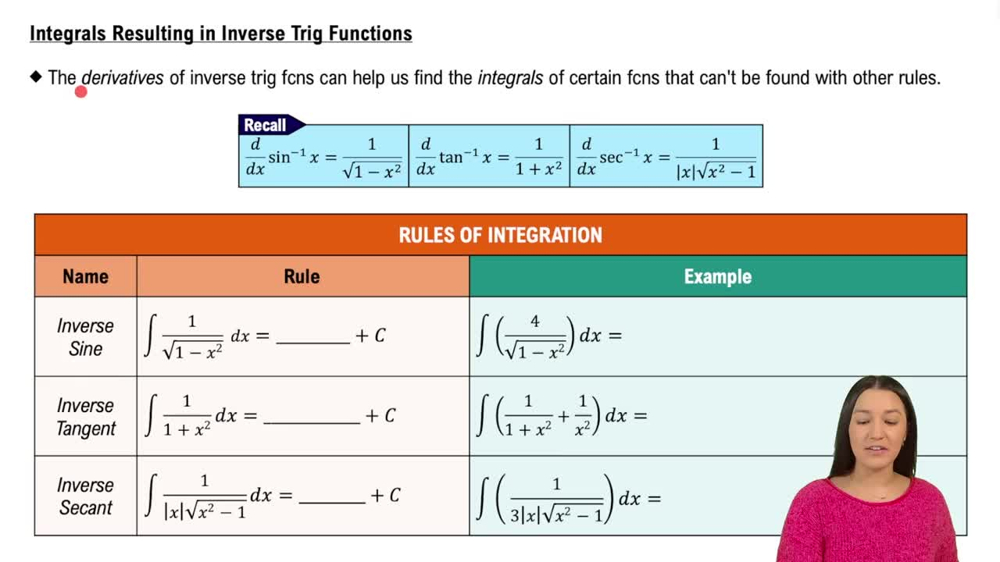 Integrals Resulting in Inverse Trig Functions