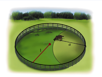Circular corral with radius 1, a goat tied to the fence by rope length a, showing grazing area inside.