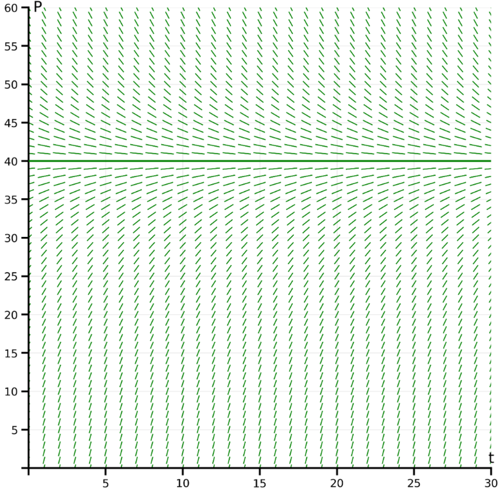 Direction field graph showing slope vectors for a differential equation modeling bacteria population over time.
