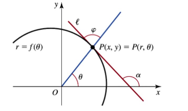 Graph of a polar curve r = f(θ) with point P(r, θ), tangent line ℓ, and angles θ, φ, and α marked.