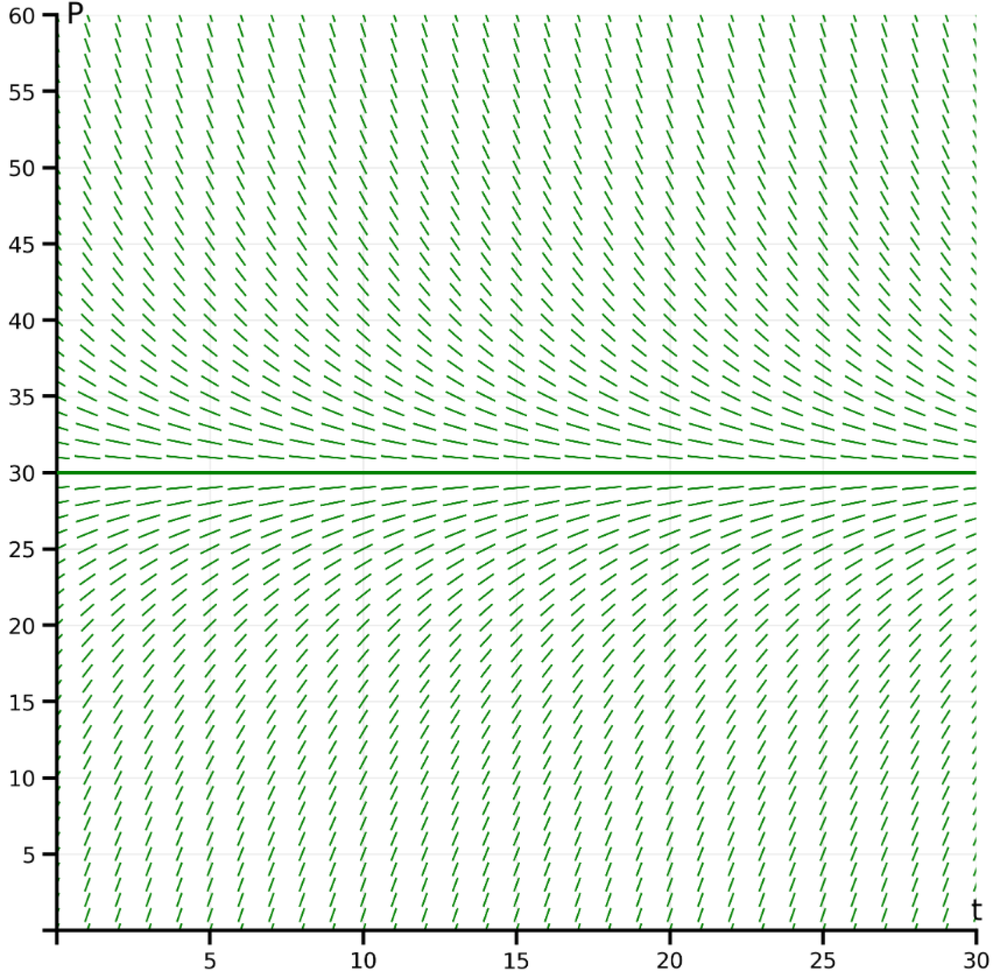 Direction field graph showing slope vectors for a differential equation modeling population over time from 0 to 30 hours and 0 to 60 units.