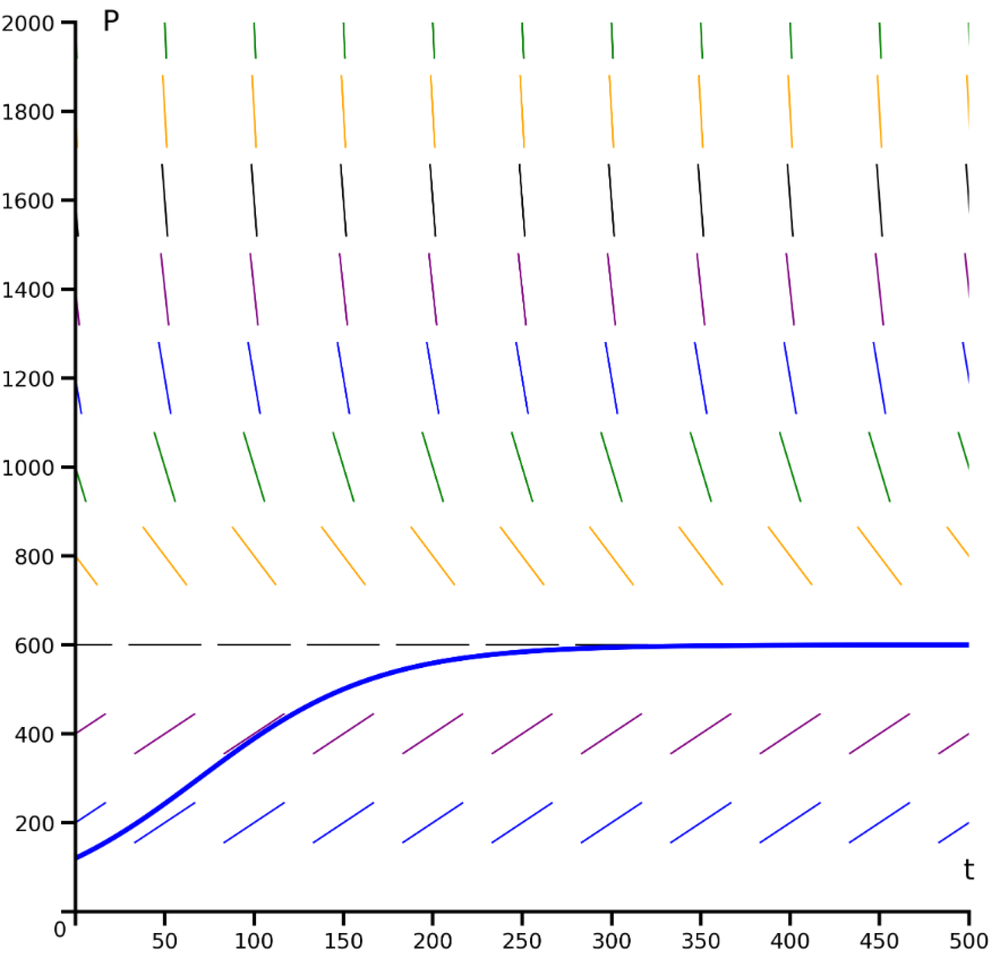 Direction field with colored slope segments and a blue solution curve starting at 200, leveling off near 600 as t increases.
