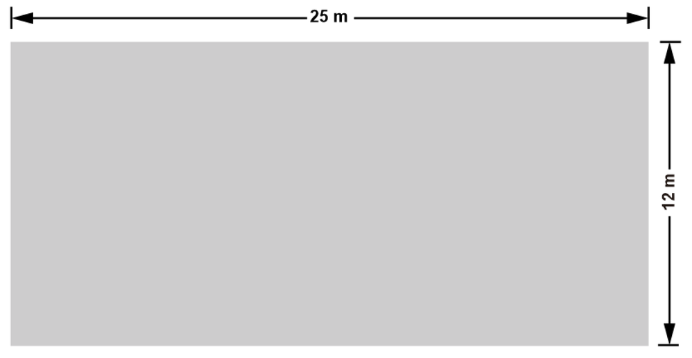 Gray rectangle representing a dam face labeled 25 meters wide and 12 meters deep with dimension arrows on top and right sides.