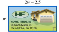A rectangular label with width w and length 2w minus 2.5, showing a house and address.