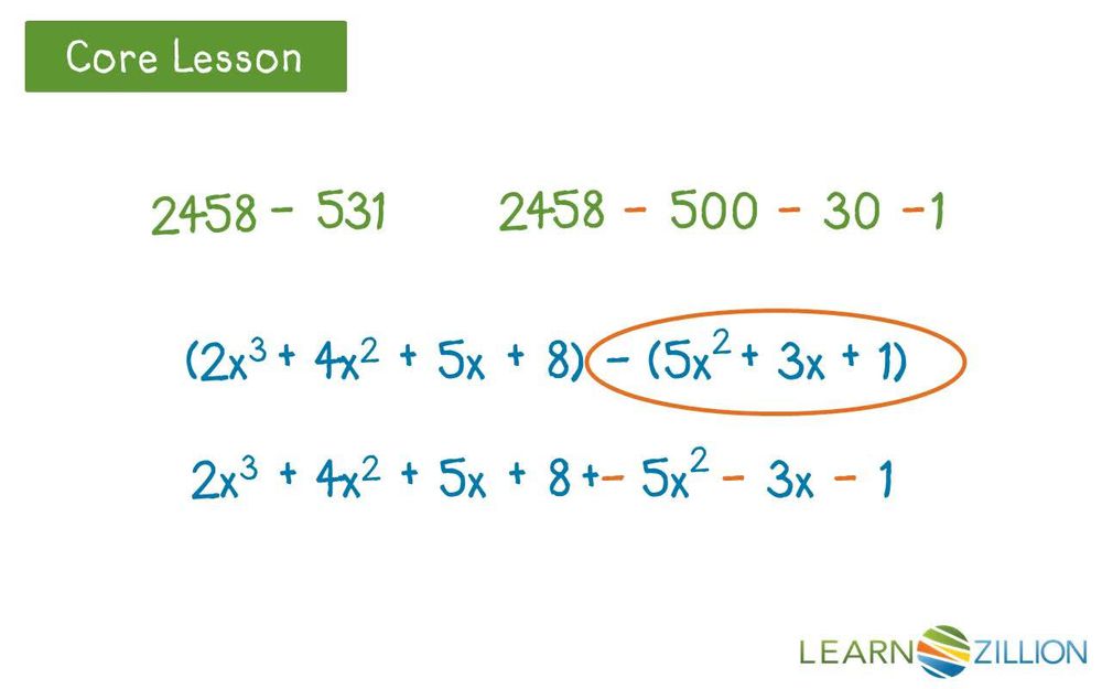 Subtract polynomials by combining like terms and using integer operations