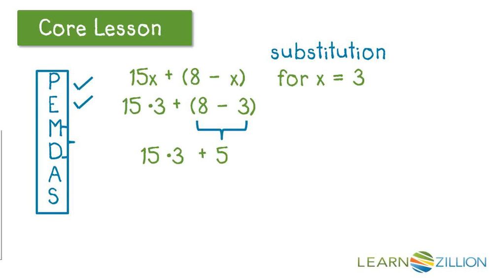 Evaluate multiple step algebraic expressions by substitution