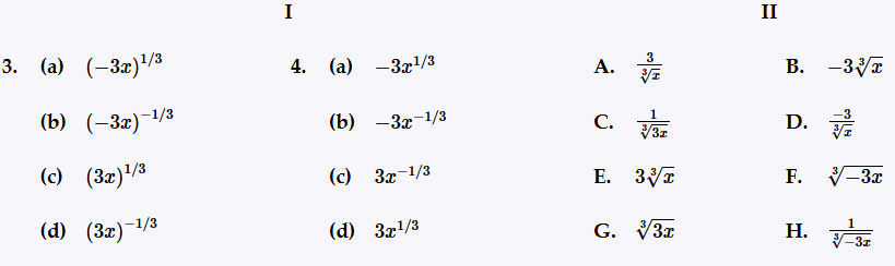 Two columns of algebraic expressions with rational exponents in Column I and matching radical expressions labeled A to H in Column II.