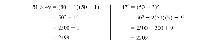 Step-by-step multiplication using special products: (50+1)(50-1) and (50-3) squared with final results.