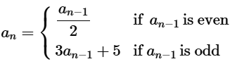 Formula defining a sequence where each term depends on the previous term's parity with two different expressions.
