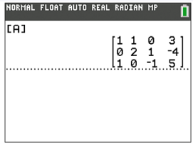 Calculator screen displaying a 3x4 augmented matrix with rows: [1 1 0 3], [0 2 1 -4], [1 0 -1 5].
