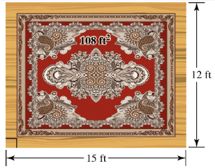Top-down view of a 15 by 12 ft room with a decorative rug and 108 square feet of carpeting area shown.