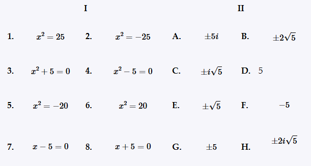 Matching exercise with eight quadratic equations in one column and eight solution sets in another column.