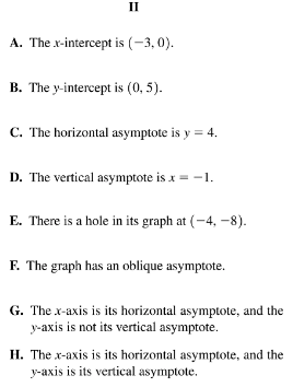 Matching exercise with a rational function and descriptions of intercepts and asymptotes to pair correctly.