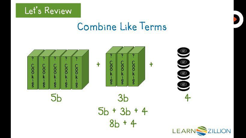 Simplify algebraic expressions by combining like terms