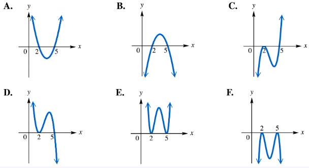 Six graphs labeled A to F show different polynomial curves with x-intercepts near 2 and 5, illustrating various function shapes.