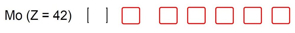 Electron configuration diagram showing molybdenum (Z=42) with empty and red-outlined orbital boxes illustrating an exception.