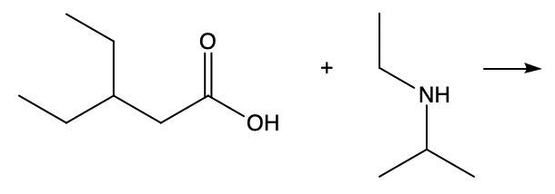 Reaction of carboxylic acid with amine, showing reactants and products.