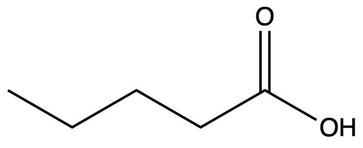 Structural formula of butanoic acid, a carboxylic acid for naming practice.