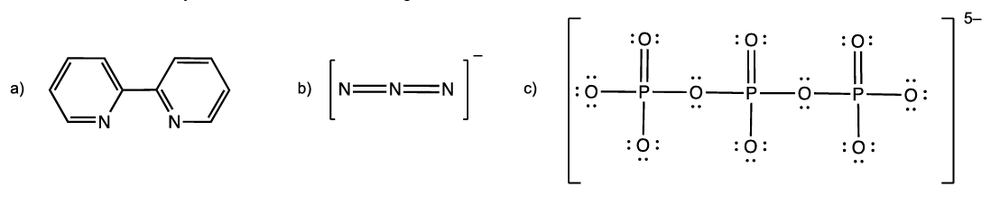 Chemical structures of three ligands labeled a, b, and c, showing nitrogen and oxygen donor atoms.