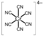 Structural formula of a chromium complex ion with six cyanide ligands and an overall 4- charge.