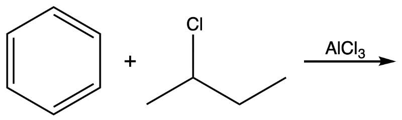 Benzene reacts with a chlorine-containing compound and AlCl3 catalyst.