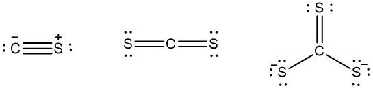 Lewis structures for CS, CS2, and CS32- with charges indicated.