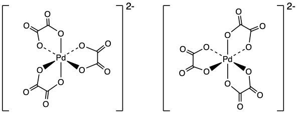 Two enantiomer structures of [Pd(C2O4)3]2- showing different spatial arrangements.