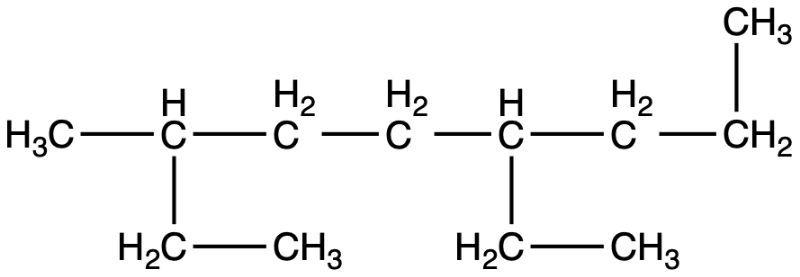 Structural formula of an alkane with branches for naming practice in organic chemistry.