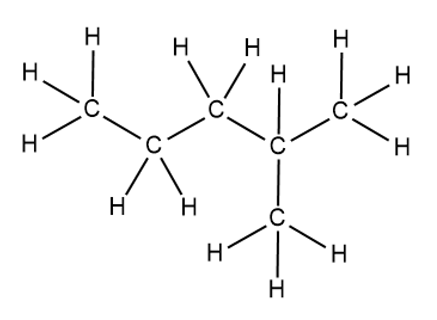 Structural formula of a branched hydrocarbon showing carbon and hydrogen atoms with bonds and hydrogen atoms explicitly drawn.