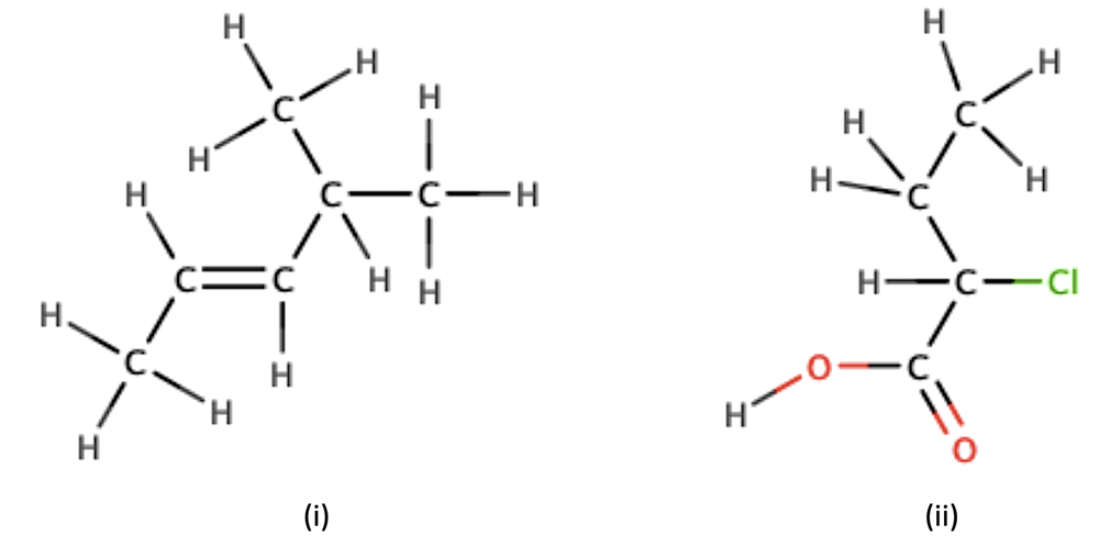 Structural formulas for organic compounds with labels (i) and (ii) for condensed formula exercise.