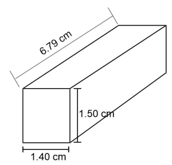 Illustration of a metal bar with dimensions 6.79 cm, 1.50 cm, and 1.40 cm for significant figures question.