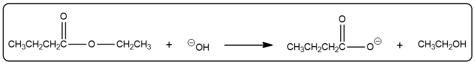 Balanced equation for saponification of butyl butyrate with products shown.