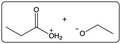 Ionic interaction between carboxylic acid and alkene, showing charged reactants.