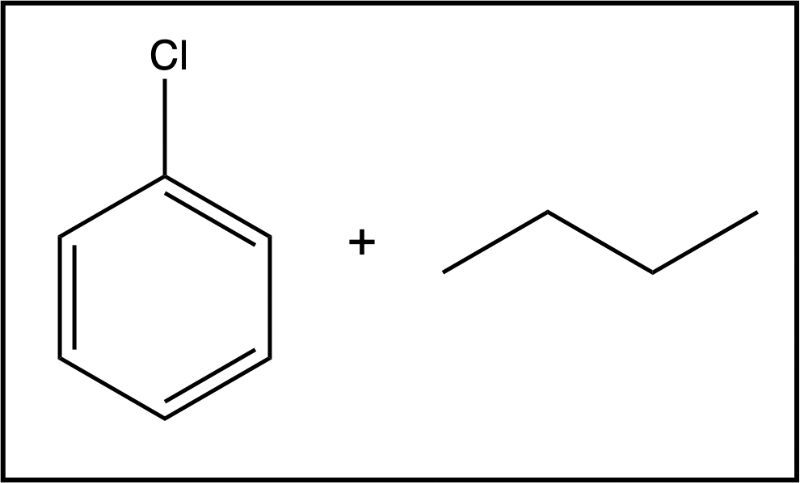 Chlorobenzene reacts with an alkene in a substitution reaction.