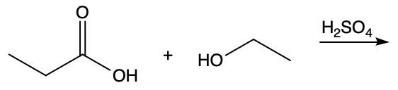 Reaction of a carboxylic acid with an alcohol, showing reactants and sulfuric acid catalyst.