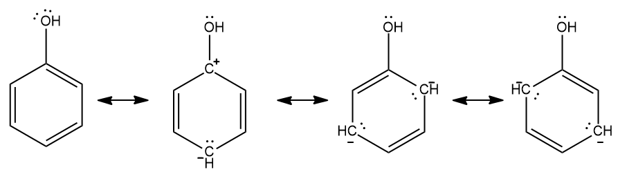 Alternative resonance structures for C6H5OH illustrating different electron configurations.