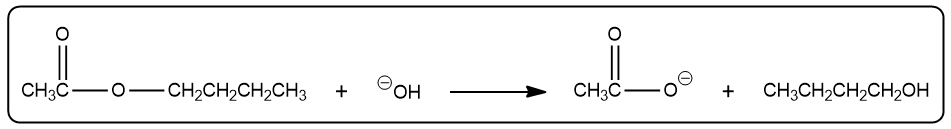 Balanced equation for saponification of ethyl acetate with products shown.