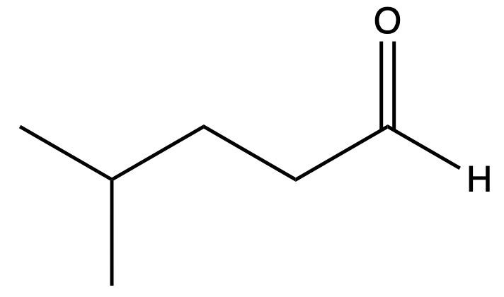 Structural formula of 4-methylpentanal, an aldehyde for naming practice.